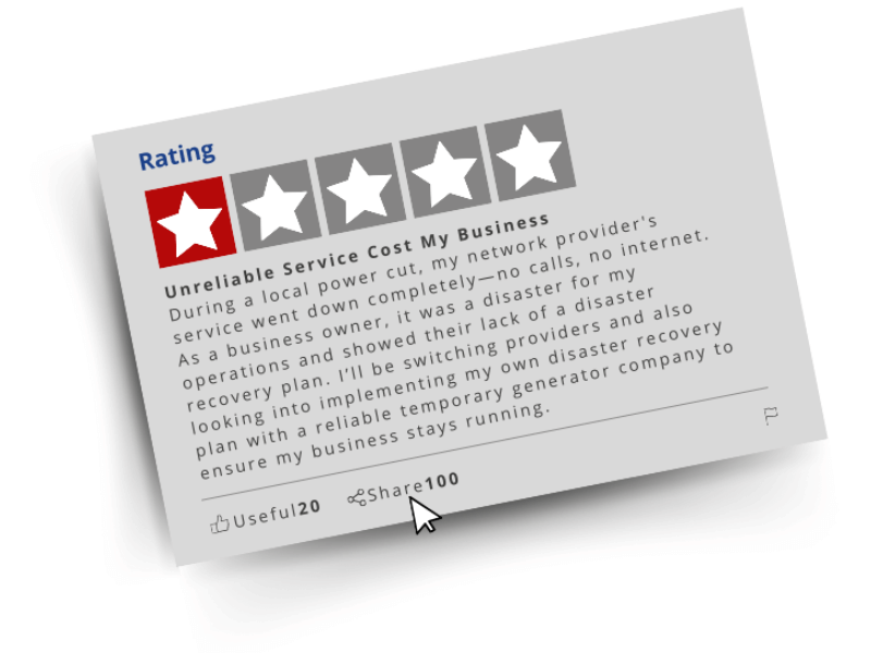Negative customer review showing 1-star rating after power outage, highlighting risks of downtime without backup power