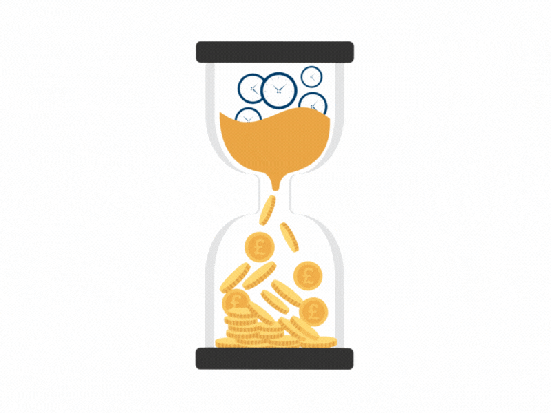 Animated hourglass with falling coins representing financial and time loss during a power outage.